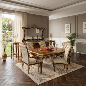 Ensemble de salle à manger classique américain brun foncé, table rectangulaire, chaises rembourrées, meubles classiques - Product Image 1