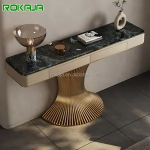Table console de luxe pour le salon table d'entrée en acier inoxydable doré avec tiroirs table décorative avec capteur de lumière