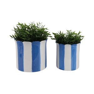 Vasi per Fiori in Ceramica a Forma di Cilindro con Bordo Ondulato, Blu e Bianchi a Strisce, per Interni ed Esterni, Vasi Decorativi per Piante - Product Image 2