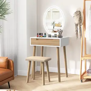 Small Vanity Desk Wood Set for Makeup with Stool Simple Mini Design Dressing Table with a LED Mirror and one Drawer for Bedroom