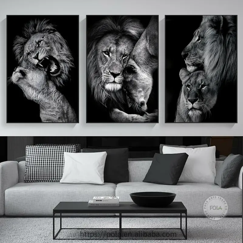 3 uds moderno León familia lienzo pared arte blanco y negro Animal póster pintas para decoración de dormitorio arte de pared estético decoración del hogar