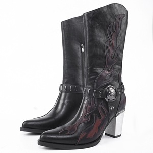 Bottes en cuir personnalisées pour femme, style western cowboy, à talon épais, punk, noires, avec fermeture éclair latérale, mi-mollet, pour couple - Product Image 1