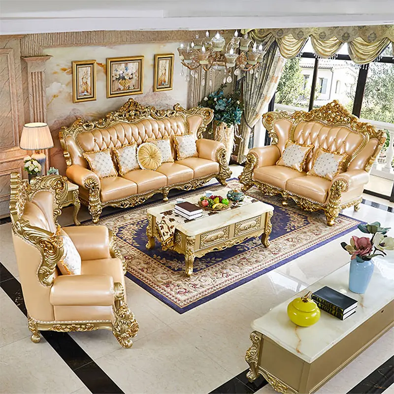 French Luxury Genuine Leather Sofa Couch Set Turkish Royal Hand Carved Wooden Sofas Modern Living Room Furniture