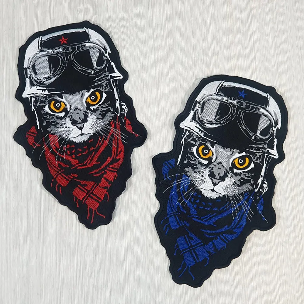 E-0057 Red Large Biker Kitty Embroidered Patch Pilot Cat Back Applique Iron on Motorcycle Jacket Vest DIY Embroidery Patches