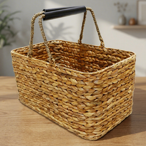Panier de rangement rectangulaire en jacinthe d'eau naturelle avec poignées, style rustique, bac de rangement multi-usages - Product Image 5
