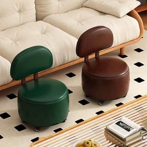 Taburete de cuero marrón con respaldo y ruedas para uso en la sala de estar del hogar - Product Image 3