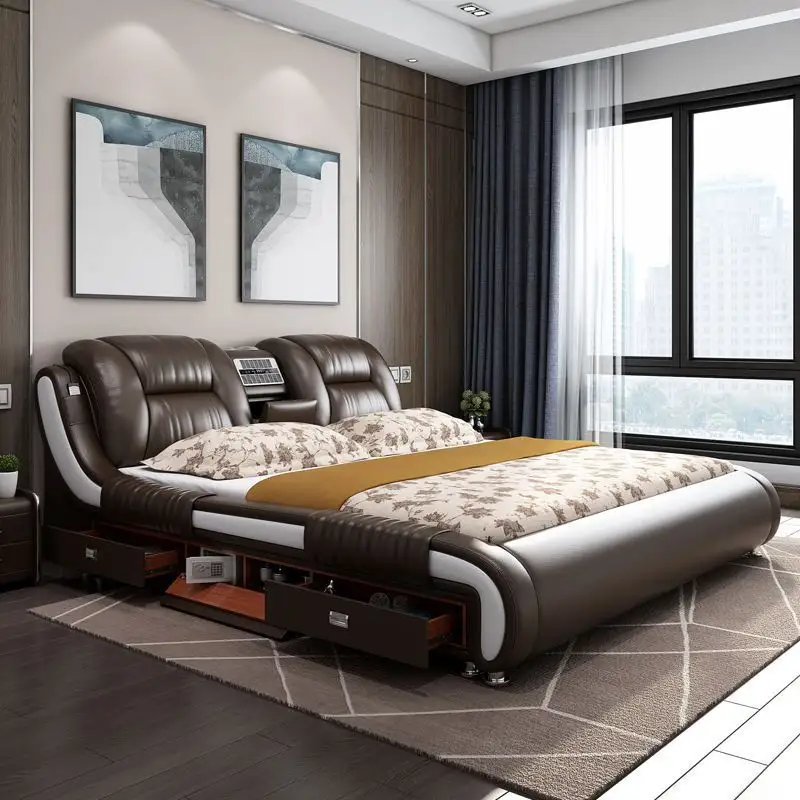 Современная роскошная кровать из натуральной кожи, лидер продаж, многофункциональная умная кровать высокого класса с массажным и проекционным телевизором для дома