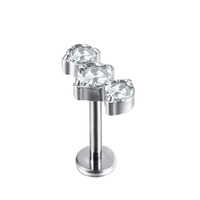 도매 ASTM F136 티타늄 바디 피어싱 쥬얼리 3 CZ 푸시 핀 탑 파트 스레드리스 Labret 스터드 귀걸이