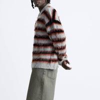 Pull en mélange de laine mohair YSYS pour homme, personnalisé avec logo OEM/ODM, col rayé, manches longues, tricoté duveteux, séchage rapide, idéal pour l'été