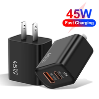 Adaptateur de voyage double port 45W QC 20W PD 25W USB type C Prises US EU Chargeur mural pour téléphone portable