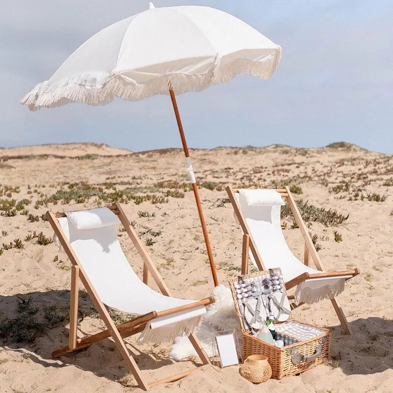 Yüksek kaliteli alu su geçirmez UV koruyucu şemsiye plaj güneş 2m ahşap püsküllü plaj şemsiyesi