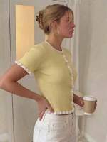 Cárdigan de punto amarillo de moda con volantes y botones, ideal para el verano, salidas urbanas, compras diarias, el más vendido, de manga corta, antiarrugas.