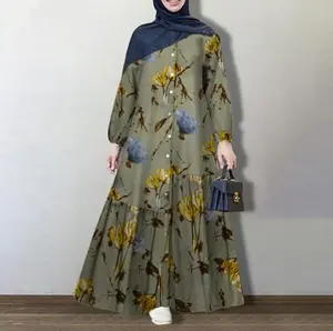 Vintage Printed Muslim Dress Women's Spring Sundress Casual Long Sleeve Floral Abaya Maxi Robe