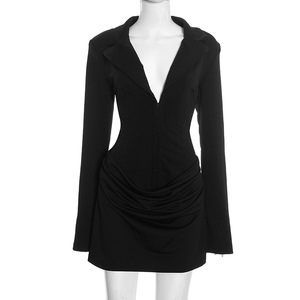 Abito Corto Sexy con Scollo a V e Volant, Blazer con Striscia sul Retro, Vestito da Festa Formale, Giacca da Ufficio per Donna - Product Image 5