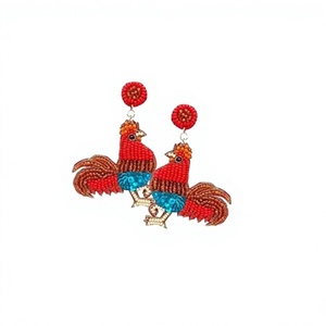 Pendientes Colgantes de Gallo con Cuentas, Diseño Étnico de Moda, Patrón Animal Rojo y Azul, Elegantes, de Aleación de Zinc y Resina, Joyería de Moda Unisex - Product Image 1