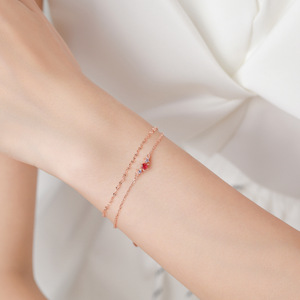 Bracelet en argent sterling S925 avec zircon rouge rose, double couche, chaîne vintage en or rose pour femmes, version personnalisable en cuivre - Product Image 5