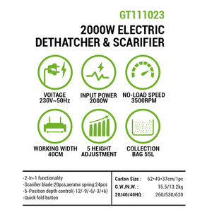 Vertak 2000W 2-en-1 <span class=keywords><strong>scarificateur</strong></span> électrique pour désembuage de pelouse, sac de 40cm 55L 5 hauteurs pour l'enlèvement de la chaume résidentielle et l'aération du sol - Product Image 2