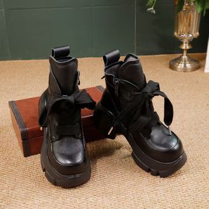 Botas de <span class=keywords><strong>Mujer</strong></span> con Plataforma y Cordones, de Piel Vacuna de Primera Capa, con Suela Gruesa y Altura Corta, Botas de Moda - Product Image 4