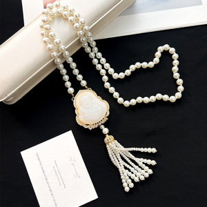 Elegant Buddha Necklace Imitation Pearl Long Sweater Chain Tassel Pendant Fashion Jewelry Gift - Product Image 1