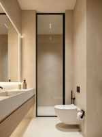 Meuble-lavabo flottant contemporain en travertin sur mesure avec comptoir en pierre de travertin et vasque, armoire en bois