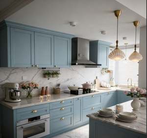 Ensemble d'armoires de cuisine en bois bleu doux personnalisées, prêtes à assembler, avec plan de travail en marbre, armoires de rangement supérieures pour une utilisation en cuisine - Product Image 3