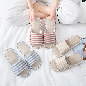 Chaussons en lin rayés pour femmes, à semelle souple, pour la maison et la chambre, adaptés aux saisons printemps, été et hiver - Product Image 1