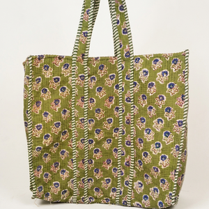 Women Green Quilted Cotton <b>Tote</b> <b>Bag</b> with Floral Print Bohemian Style <b>Summer</b> Casual Zipper Travel Handbag for Women - Product Image 1