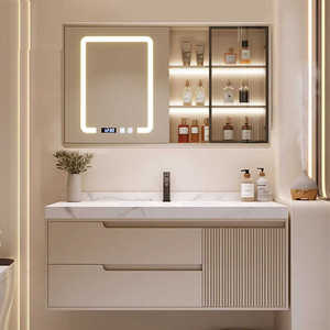 Mueble de Baño Moderno Estilo Crema, Combinación de Lavabo y Espejo Inteligente LED, Placa de Cerámica, Acero Inoxidable - Product Image 1