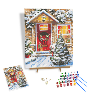 Cổ Điển Giáng Sinh Vải Sơn Dầu Bởi Số In Phong Cảnh Với Nhà Tuyết Quà Tặng Lễ Hội Tốt - Product Image 1