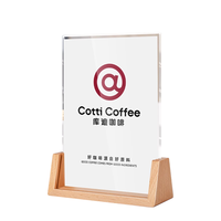 Vente en gros de panneaux en acrylique double face en forme de L écologiques avec base en bois, présentoir portable pour cartes de visite en plastique PMMA