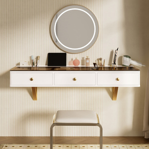 Étagère flottante GO 47 pouces en bois massif avec tiroir, table de toilette multifonctionnelle à poser au sol, bureau monté au mur pour chambre à coucher - Product Image 5