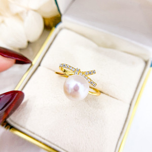 S925 Silver DIY Jewelry Accessory Empty Ring <b>Holder</b> with 7-9mm Round Beads 1959 <b>Bow</b> Design for Loose Pearls - Product Image 2
