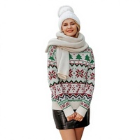 Pull col rond décontracté blanc pour femme en mélange acrylique, motif jacquard sapin de Noël, nouvelle collection automne/hiver 2026, style transfrontalier Europe-Amérique