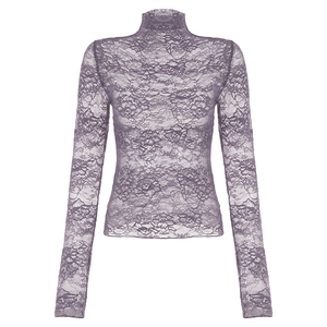Women's Solid <b>Lace</b> Crop <b>Top</b> <b>High</b> <b>Neck</b> Slim Fit Blouse with Stretchy Fabric Y2K Streetwear Sexy Basic Tee - Product Image 6