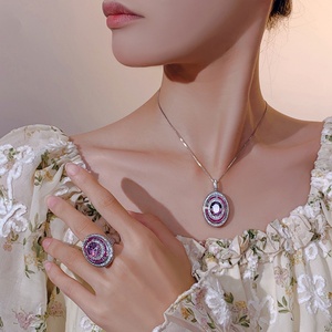 Bulk Fashion Eco-friendly Copper Gold Plated 10-12MM Cubic Zirconia Pendant Rings Jewelry <b>Set</b> for Women Party Engagement - Product Image 6