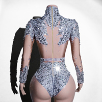Body sexy en sequins argentés et strass - Justaucorps en maille scintillante fait main pour la scène (boîte de nuit, rave, showgirl et drag queen)