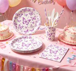 Vaisselle <span class=keywords><strong>de</strong></span> fête jetable épaisse à imprimé papillon et motif floral violet vintage français - Product Image 5
