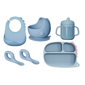 Juego de Platos, Tazones, Tenedores, Cucharas y Baberos de Silicona para Bebés, Diseño de Dinosaurios de Dibujos Animados, No Tóxicos, Libres de BPA - Product Image 1