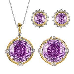 Wholesale Fashion Eco-friendly Copper 18-10MM Violet Zircon Floral Jewellery <b>Set</b> With Pendant Necklace and <b>Earrings</b> - Product Image 1