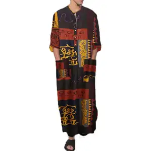 מזדמן האסלאמי ערבית העבאיה גלימת אופנה אתני הדפסת צווארון עומד נוער אמצע אורך חולצה מעיל מוסלמי גברים בגדים