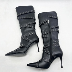 Trending Gold Side Zipper Women's Knee High Boots Pointed Toe Metal Studded Cross Straps Long Booties Stiletto Heel <b>Shoes</b> - Product Image 2