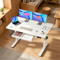 Scrivania Ergonomica Moderna Regolabile in Altezza con Cassetto - Scrivania Sit-Stand con Manovella Manuale, Sistema di Gestione Cavi e Vano Portaoggetti in Legno