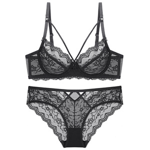 Conjunto de sujetador con aros y bragas de encaje negro, lencería romántica transparente para mujer, conjunto de lencería transpirable de talla grande para mujer - Product Image 4