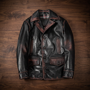 Veste en cuir véritable vintage pour homme, col rabattu, simple boutonnage, style décontracté - Product Image 2