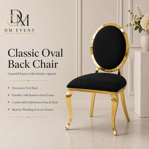 Wholesale <b>Gold</b> Stainless Steel Oval Back Banquet <b>Chair</b> with Black Upholstery and Curved <b>Legs</b> for Wedding Events - Product Image 1