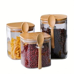Square Airtight Glass <b>Jars</b> <b>Kitchen</b> Food <b>Storage</b> Containers Clear Glass <b>Storage</b> <b>Jar</b> with Bamboo Lids & Spoon <b>for</b> Coffee Beans - Product Image 1