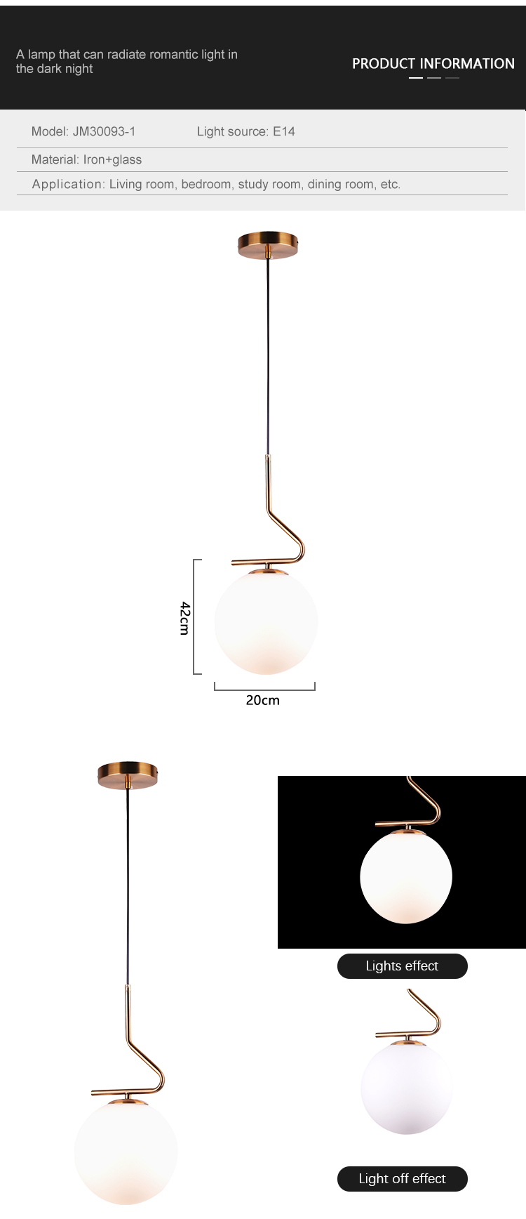 Hot selling Milky White Glass Living Room Golden Color modern Hanging pendant Light