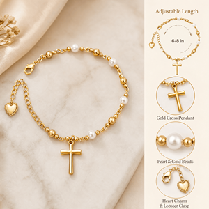 Braccialetto con Croce, Regalo per Figlia, Gioielli di Fede Cristiana con Ciondolo a Croce <span class=keywords><strong>e</strong></span> Perla per Donne <span class=keywords><strong>e</strong></span> Ragazze, Prima Comunione - Product Image 2
