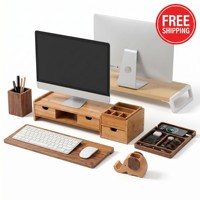 Moderne bureau-accessoireset van natuurlijk hout - monitorverhoger met digitale wekker en bamboe telefoonhouder organizer