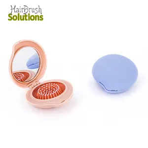 Custom Logo Print Travel Pocket Mini Round Hairbrush Detangling Kids Foldable Pop Up Hair Brush With Mirror